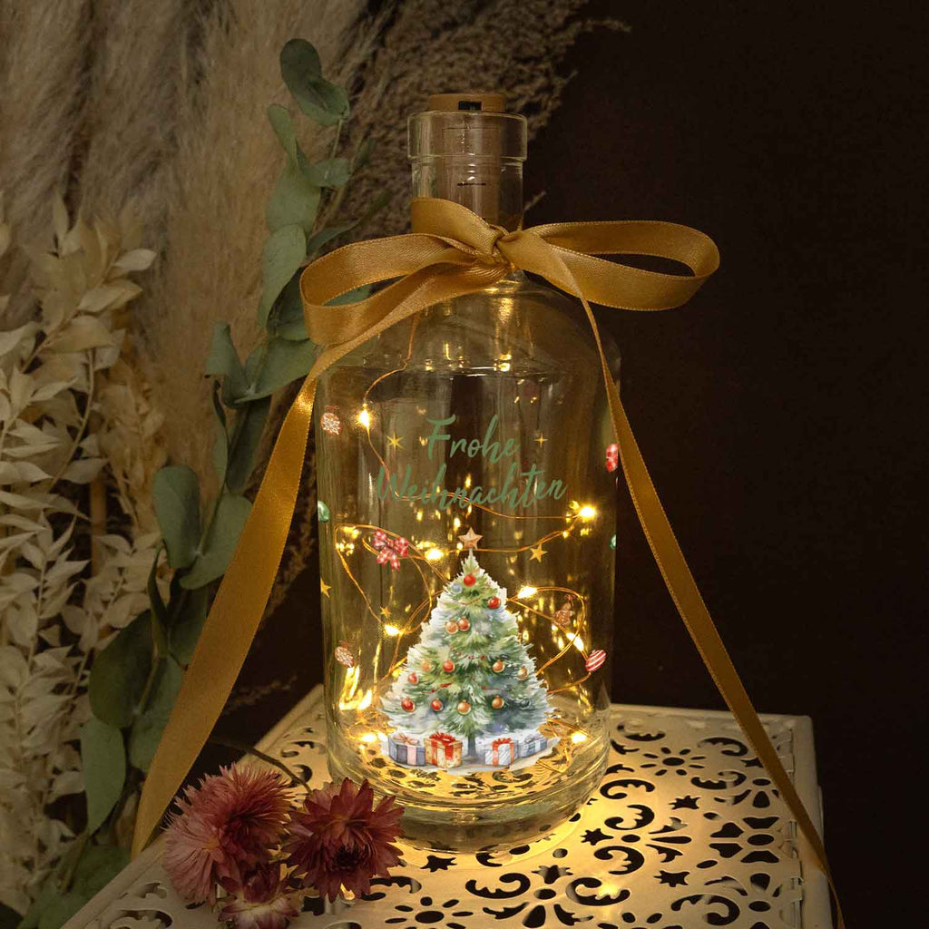LED-Flaschenlicht „Weihnachtsbaum“ – UV-Druck & Lichterkette