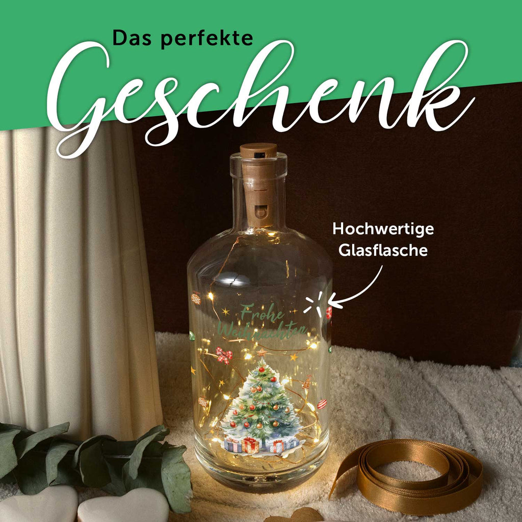 LED-Flaschenlicht „Weihnachtsbaum“ – UV-Druck & Lichterkette