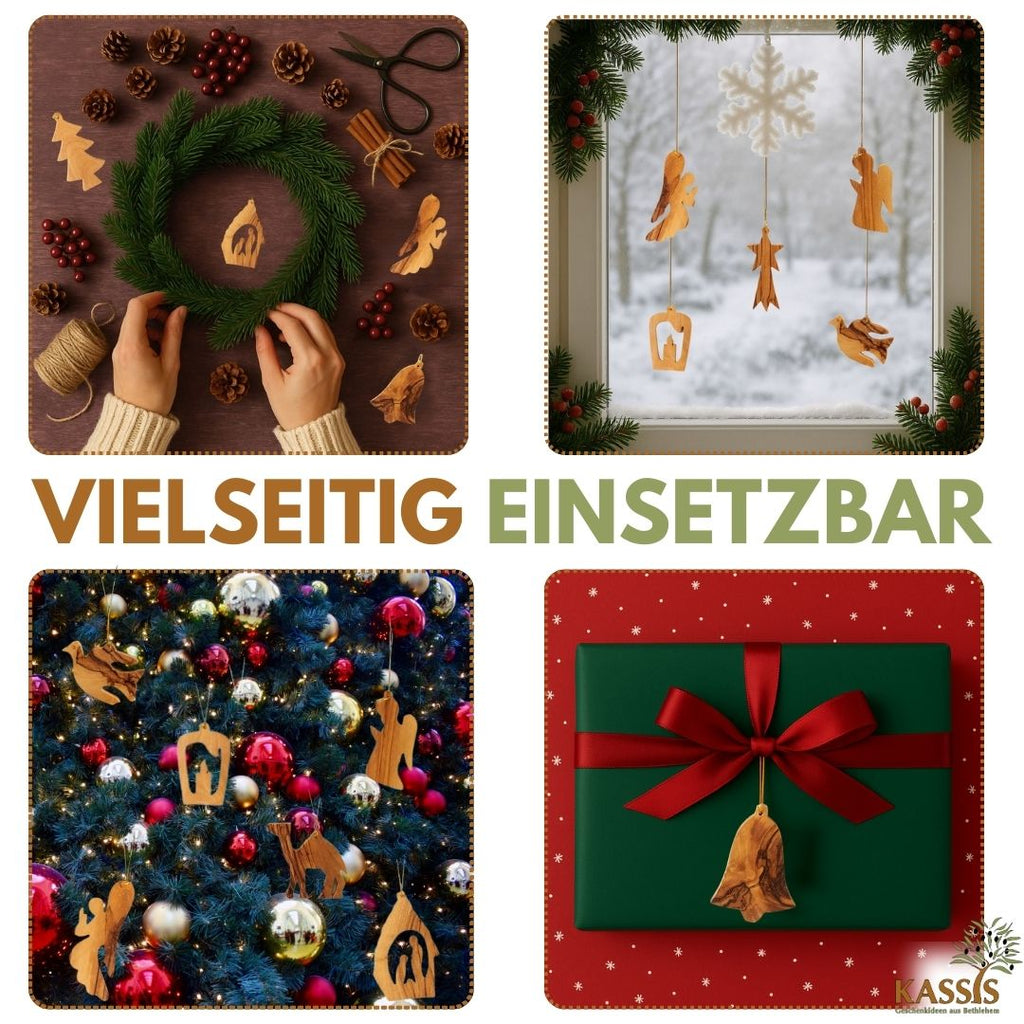 Olivenholz-Baumschmuck 10er-Set – handgefertigte Weihnachtsanhänger