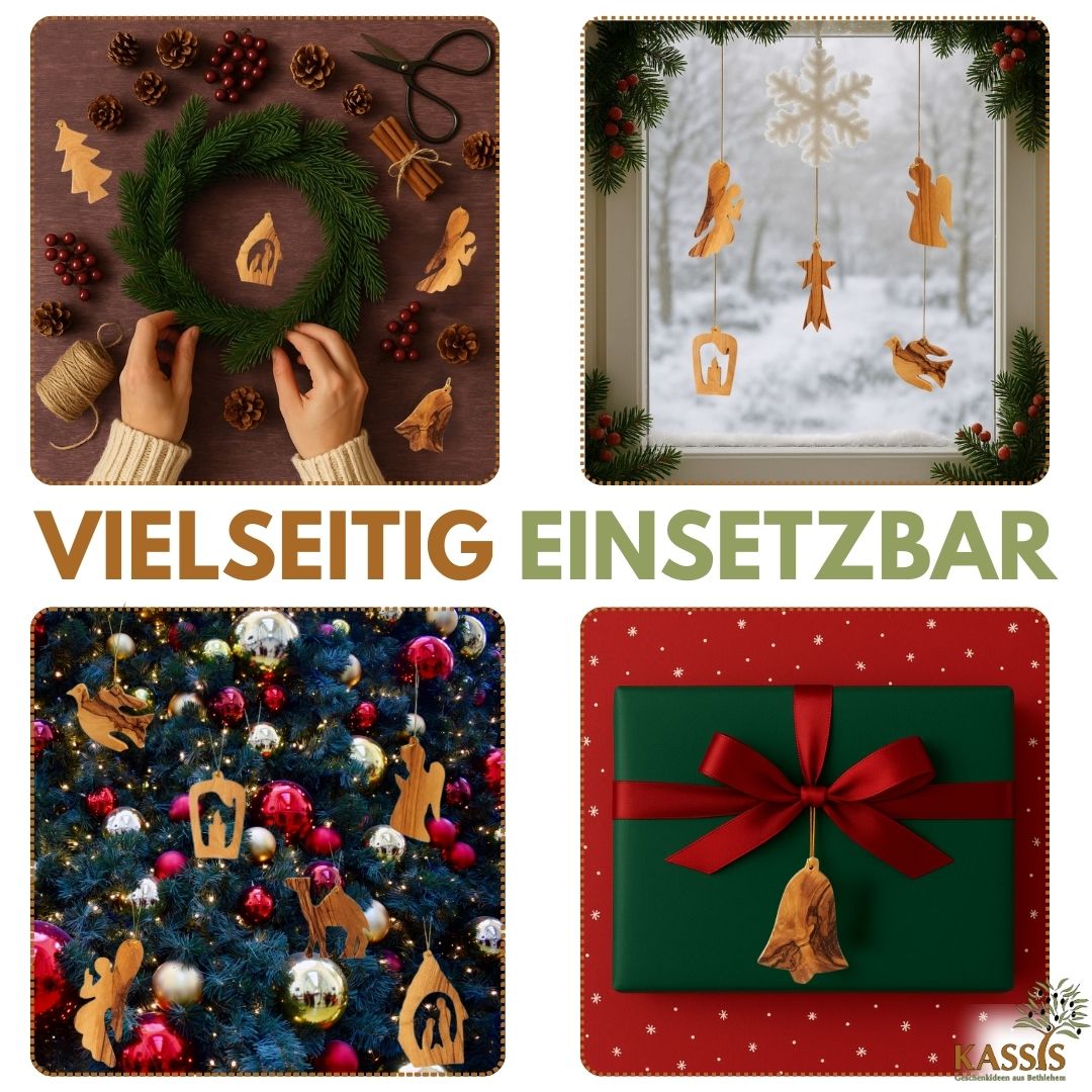 Olivenholz-Baumschmuck 10er-Set – handgefertigte Weihnachtsanhänger