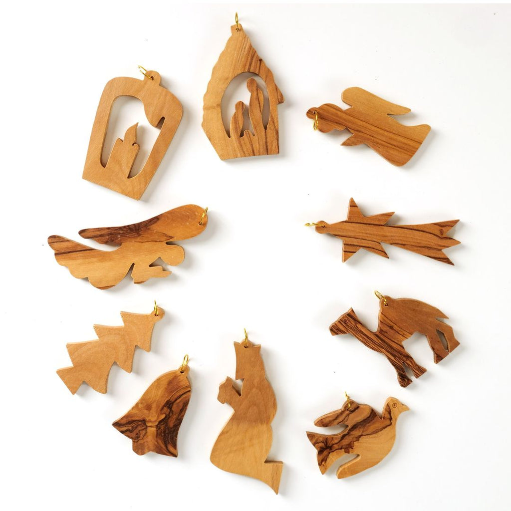 Olivenholz-Baumschmuck 10er-Set – handgefertigte Weihnachtsanhänger
