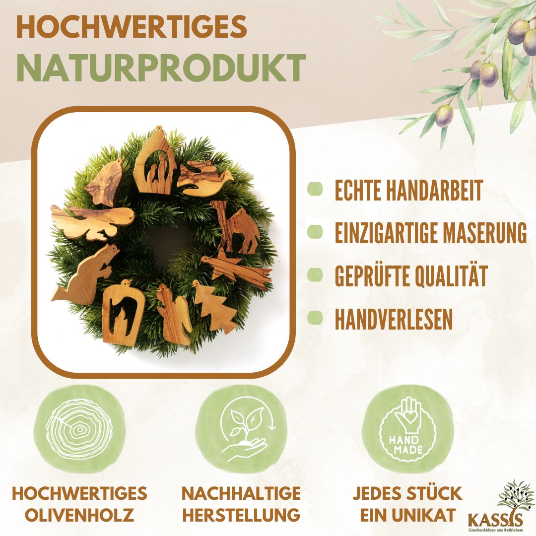Olivenholz-Baumschmuck 10er-Set – handgefertigte Weihnachtsanhänger