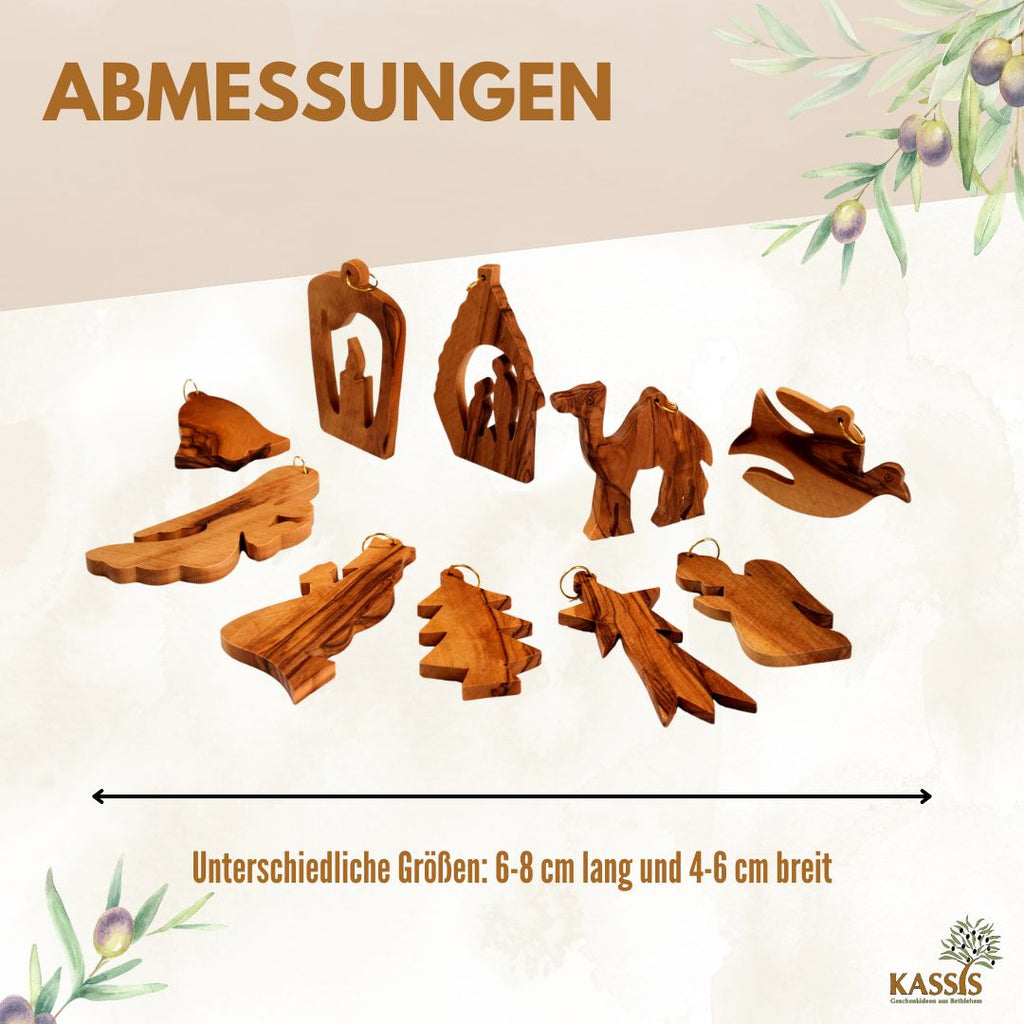 Olivenholz-Baumschmuck 10er-Set – handgefertigte Weihnachtsanhänger