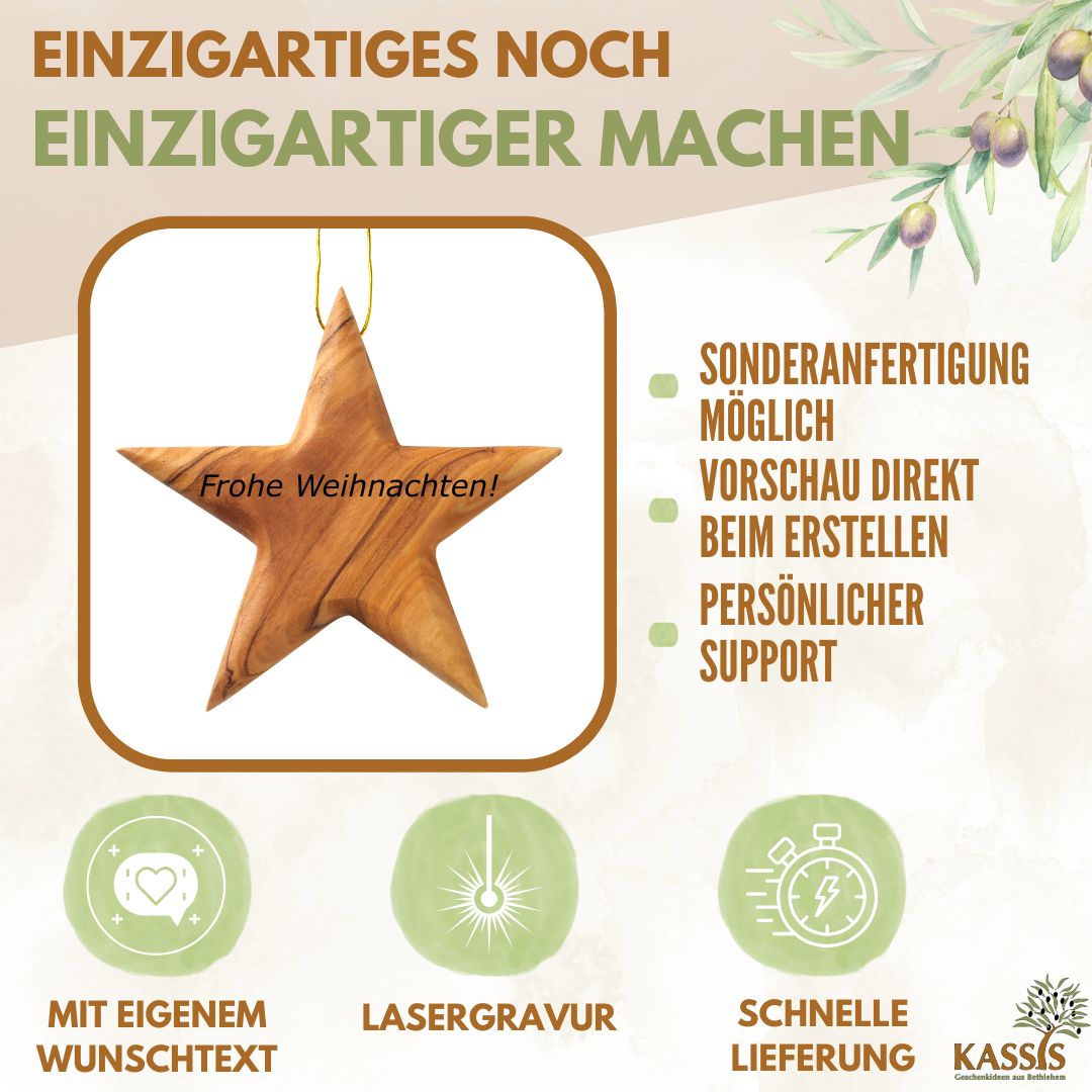 Olivenholz-Sternanhänger 8 cm – handgefertigt, ohne Gravur
