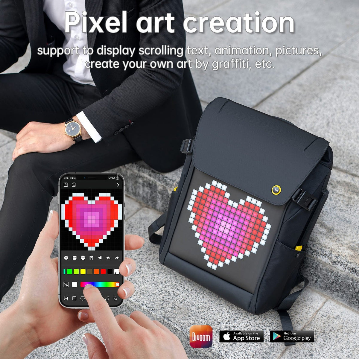 Divoom Pixoo Backpack-M mit rosa Pixelherz und Pixel-Art-Bearbeitung in der Divoom-App; Smartphone nicht enthalten