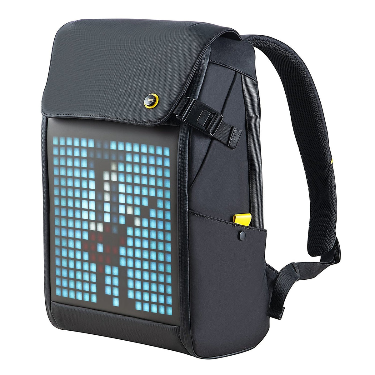 Divoom Pixoo Backpack-M in Schwarz mit blauem Pixelmotiv auf dem LED-Display