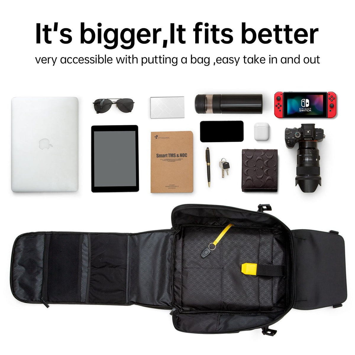 Geöffneter Divoom Pixoo Backpack-M mit Laptop, Tablet und Alltagszubehör zur Veranschaulichung des Stauraums; Geräte nicht enthalten