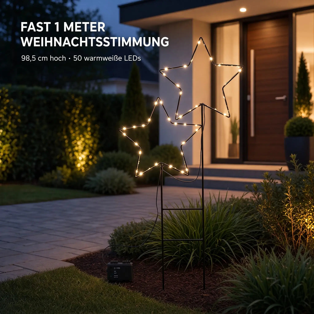 LED-Gartenstecker 2 Sterne – 98,5 cm, 50 LEDs & Timer