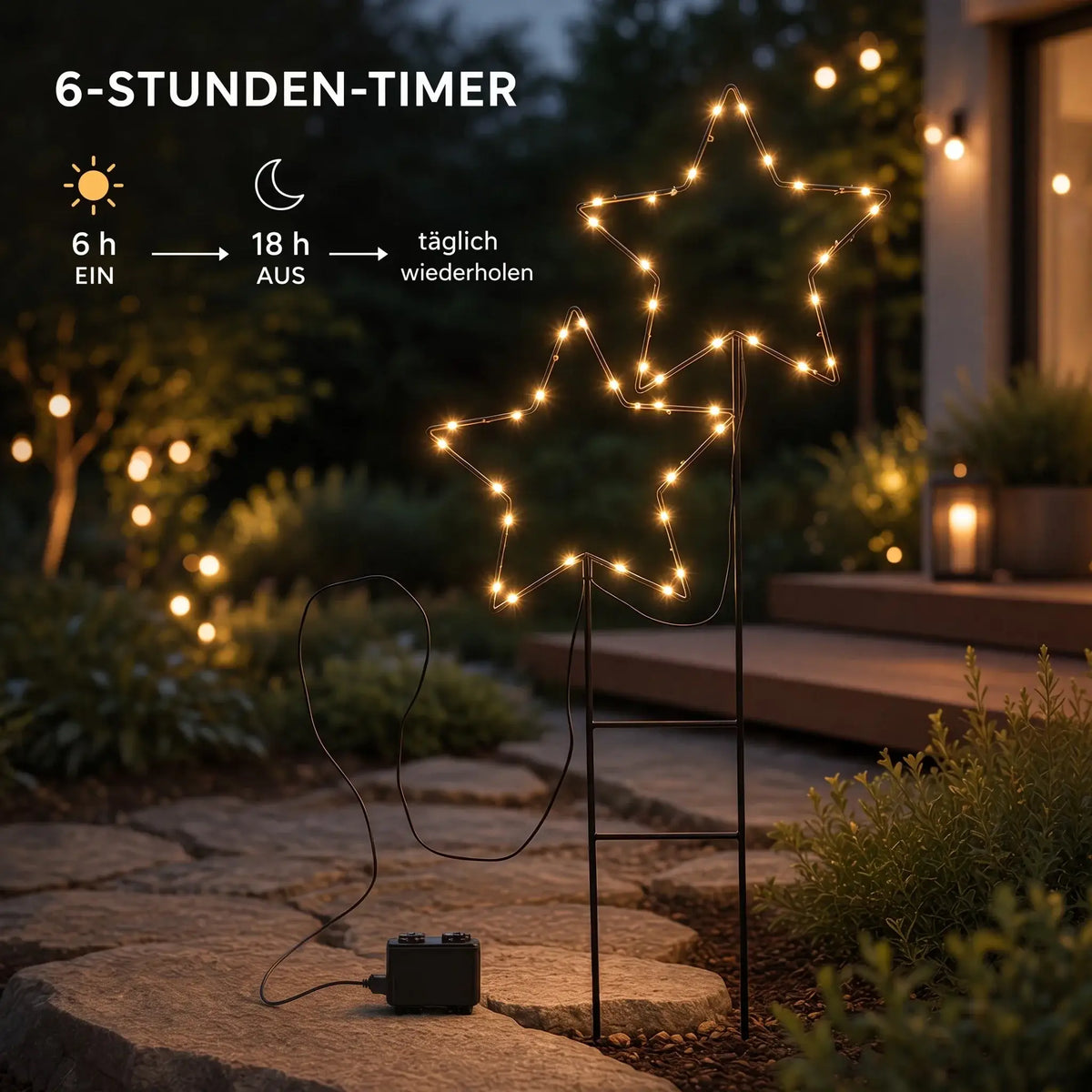 LED-Gartenstecker 2 Sterne – 98,5 cm, 50 LEDs & Timer