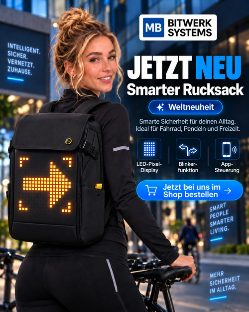 MB Bitwerk Werbemotiv mit einer Radfahrerin und dem Divoom Pixoo Backpack-M mit gelbem Pfeil-Pixelmotiv