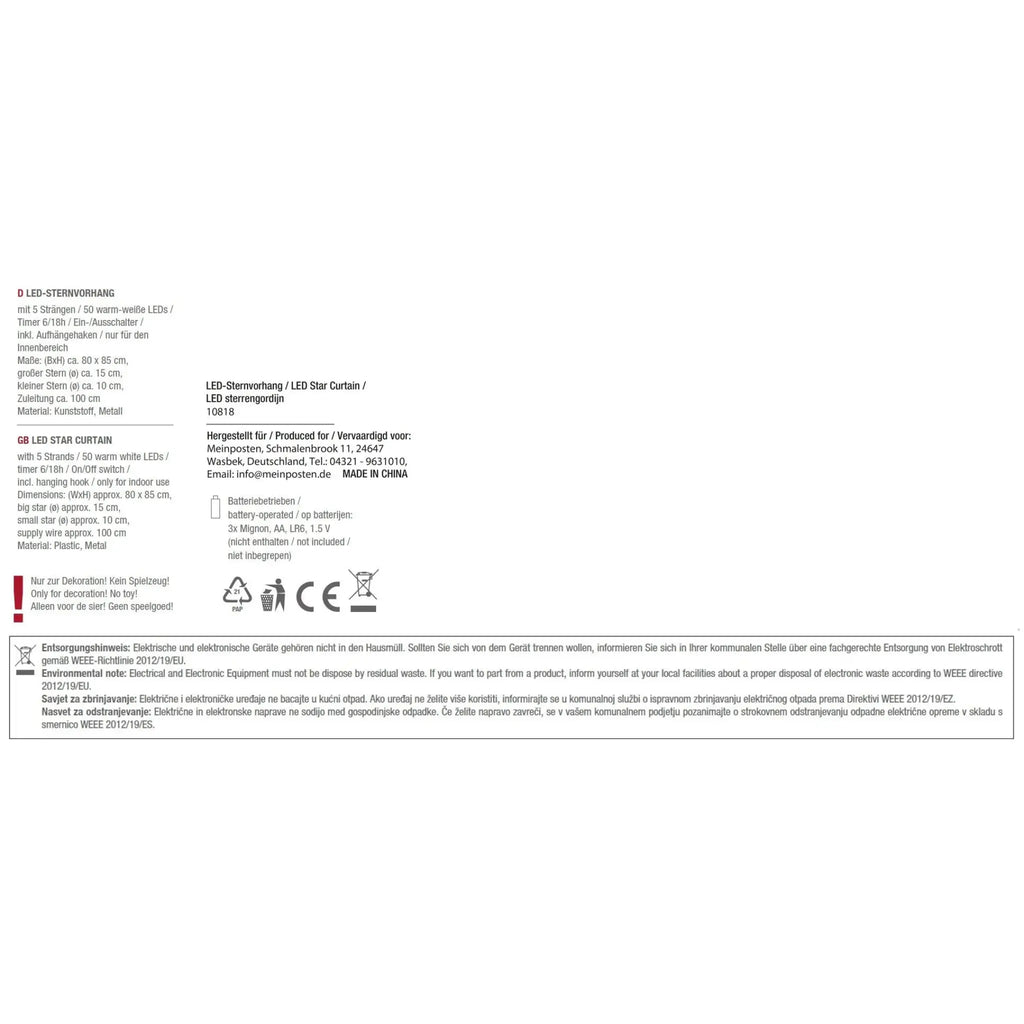 LED-Sternenvorhang 80 × 85 cm – 50 LEDs & 6h-Timer