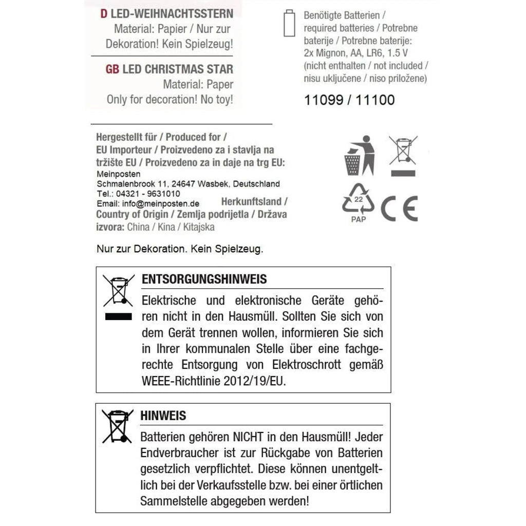 LED-Faltstern 45 cm – warmweiß, 6h-Timer, Weiß oder Rot