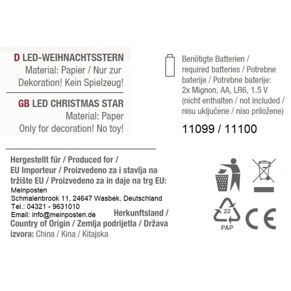 LED-Faltstern 45 cm – warmweiß, 6h-Timer, Weiß oder Rot